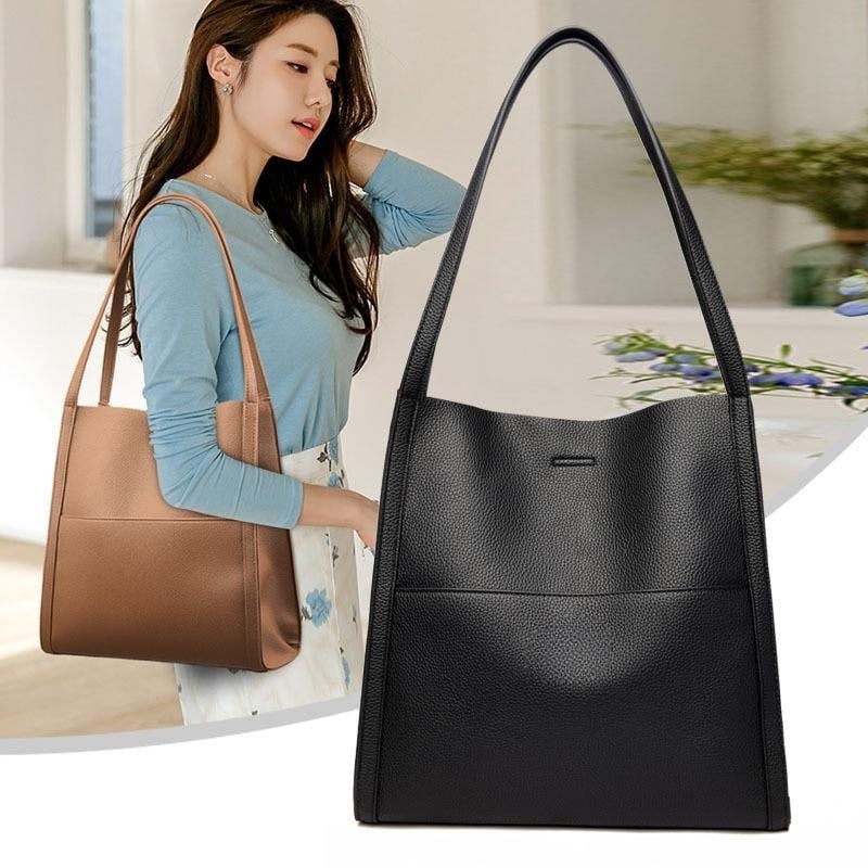 Eaksone - Solid color simple genuine leather shoulder bag