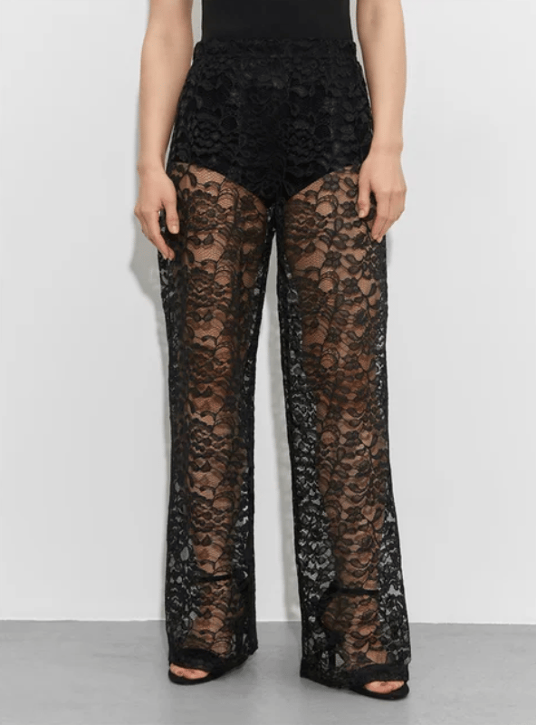Eaksone - Lace Floral High Waist Sheer Pants