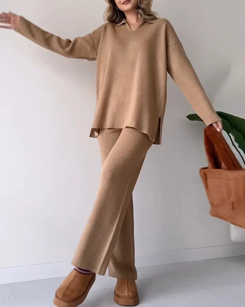 Eaksone - V-neck casual slit knitted two-piece set