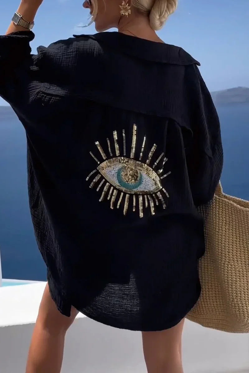 Eaksone - Evil Eye Casual Sequin Beaded Shirt