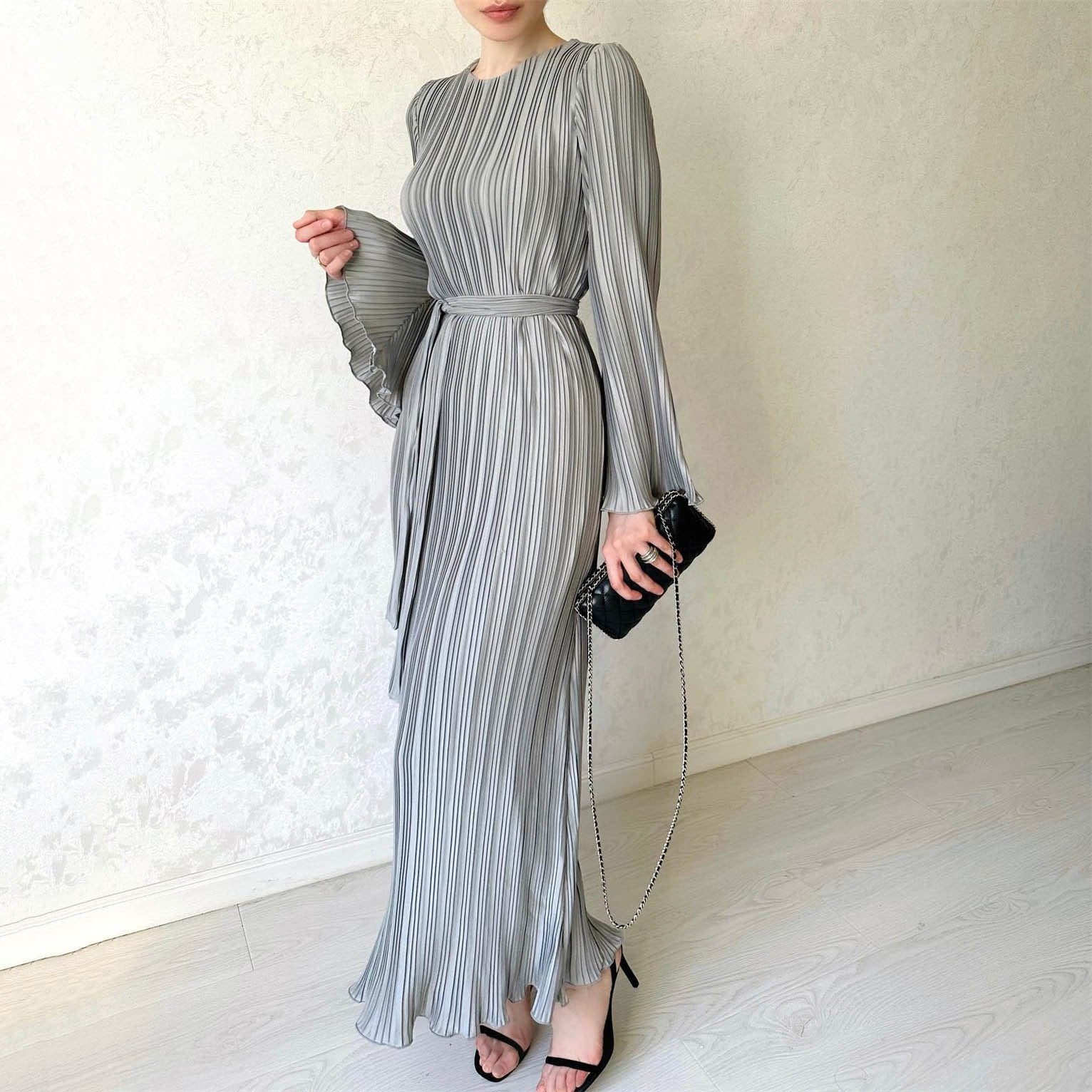 Eaksone - Pleated Bell Sleeve Maxi Dress