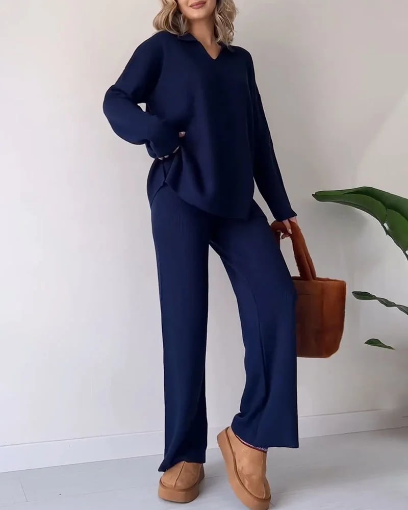 Eaksone - V-neck casual slit knitted two-piece set