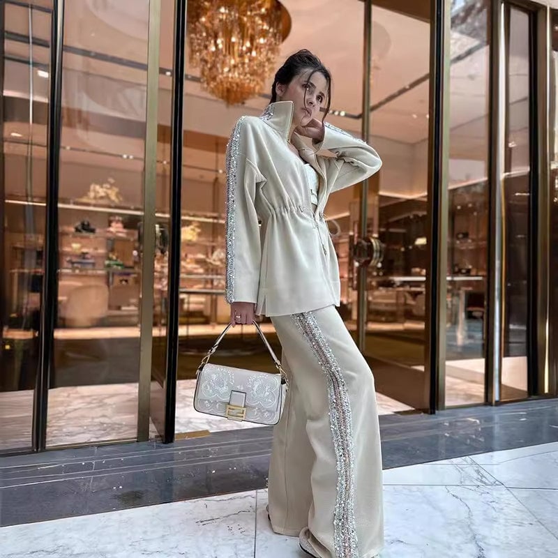 Eaksone - Elegant Sequin-Trimmed Top and Wide-Leg Pants 2-Piece Set