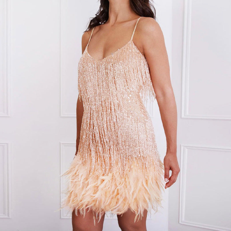 Eaksone - Women's Feather Fringe Sequin Spaghetti Strap Dress