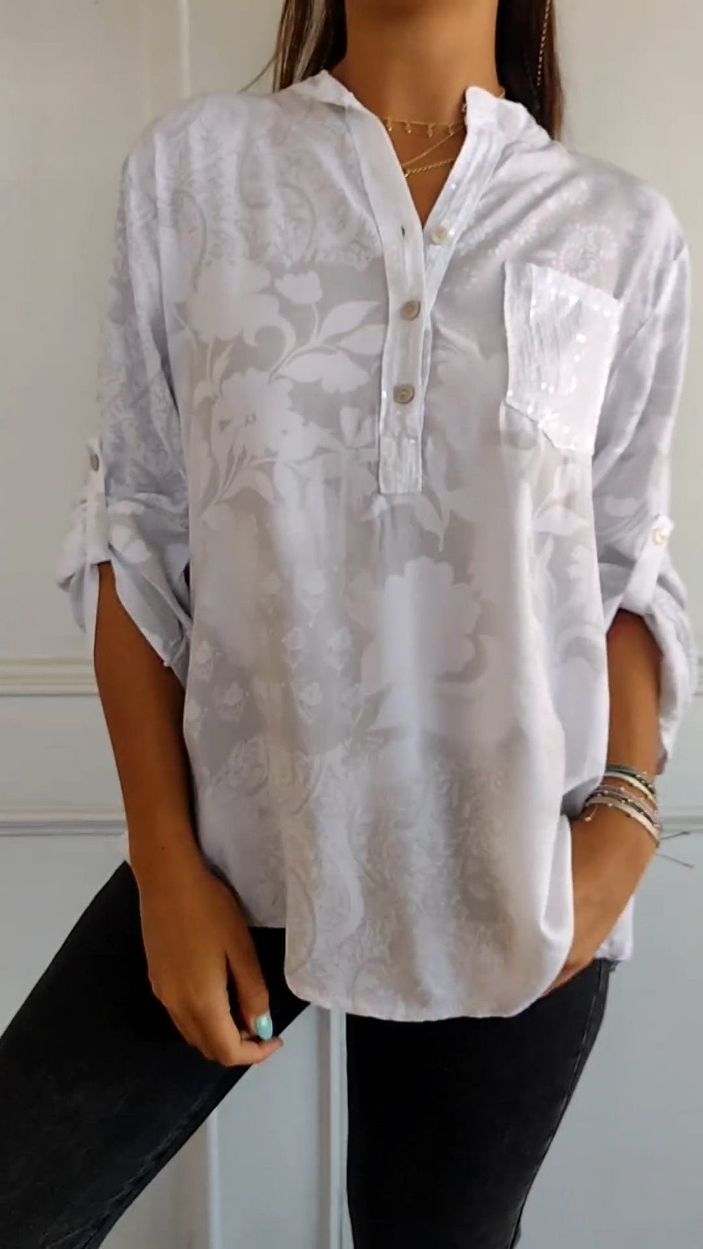 Eaksone - V-neck Half-button Printed Top