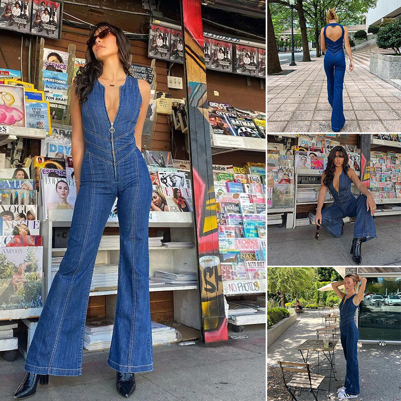 Eaksone - Heart Shaped Backless Denim Jumpsuit