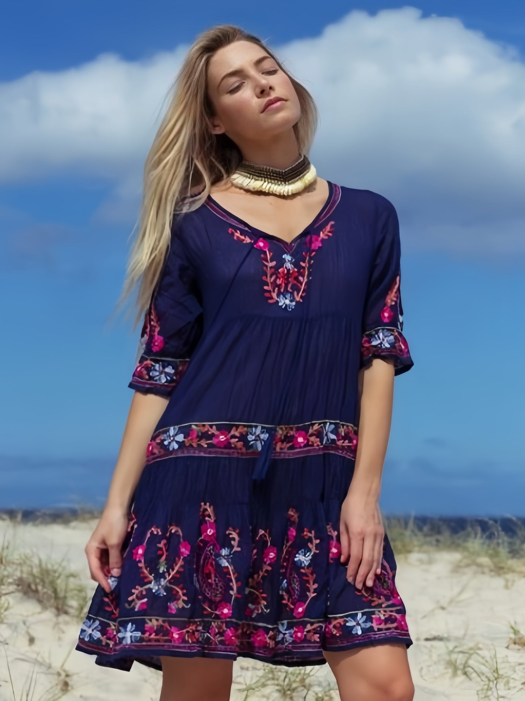 Chain Stitch Embroidered Sundress for Resorts and Beaches