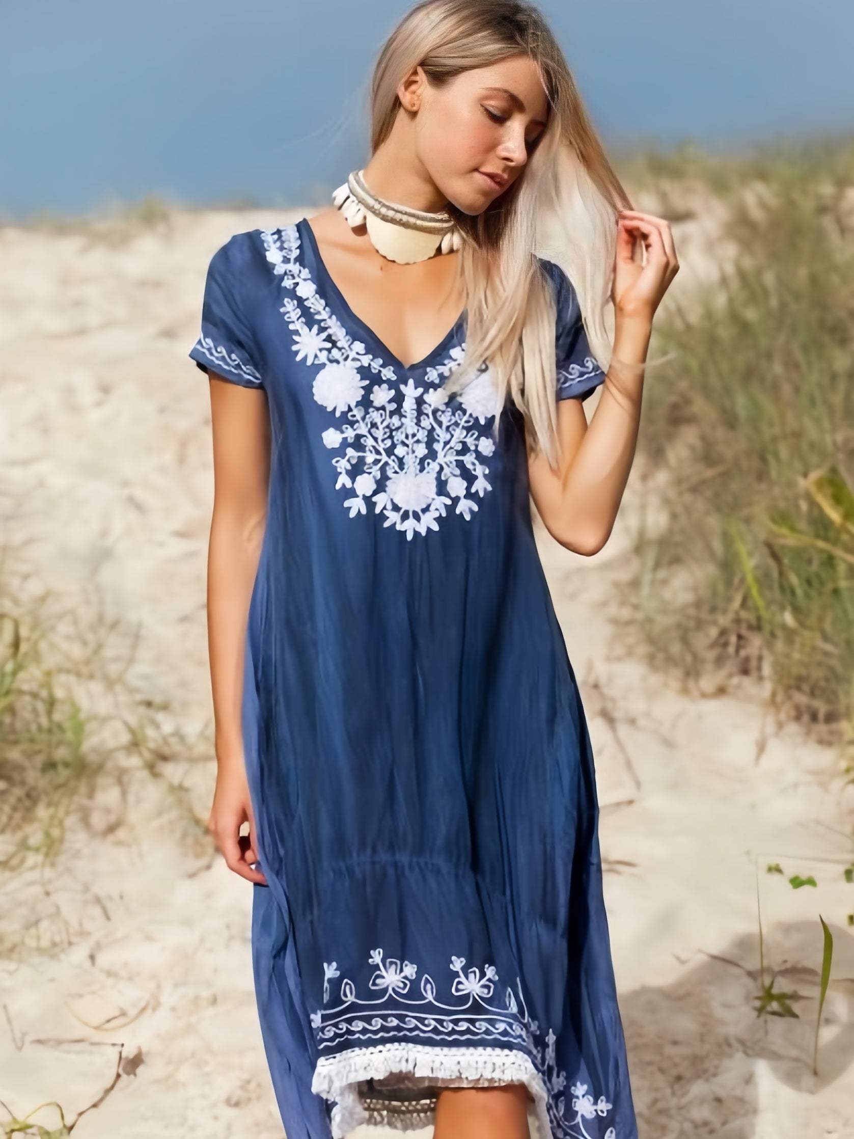 Embroidered Loose Fitted Crinkled Cotton Women's High Beach Dress Outerwear