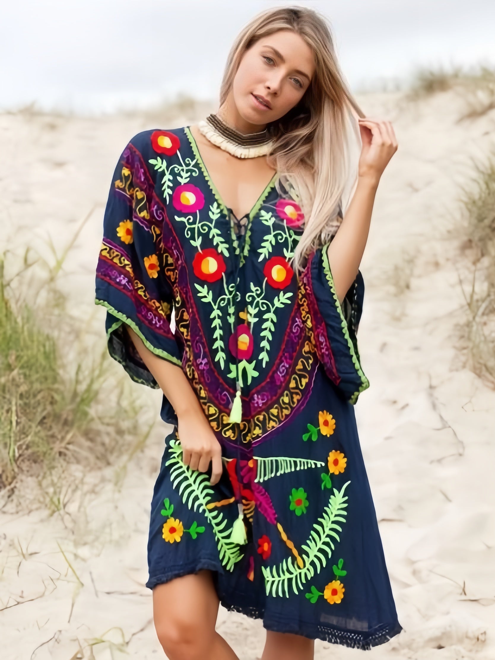 Bohemian Summer V-neck Lace-up Tassel Trumpet Sleeves Women's Beachwear