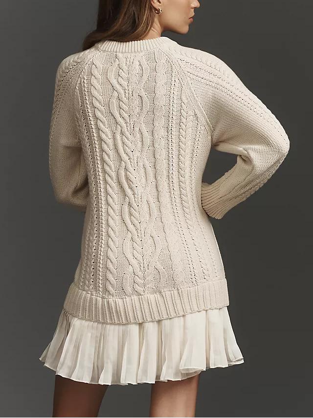 Eaksone - Women's Round Neck Cable Knit Sweater Mini Skirt