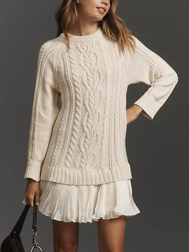 Eaksone - Women's Round Neck Cable Knit Sweater Mini Skirt