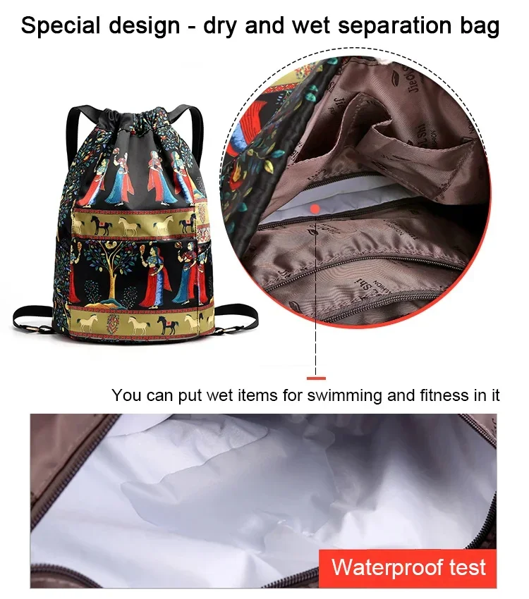 Eaksone - Drawstring Foldable Large Capacity Dry-wet Separation Travel Sports Backpack