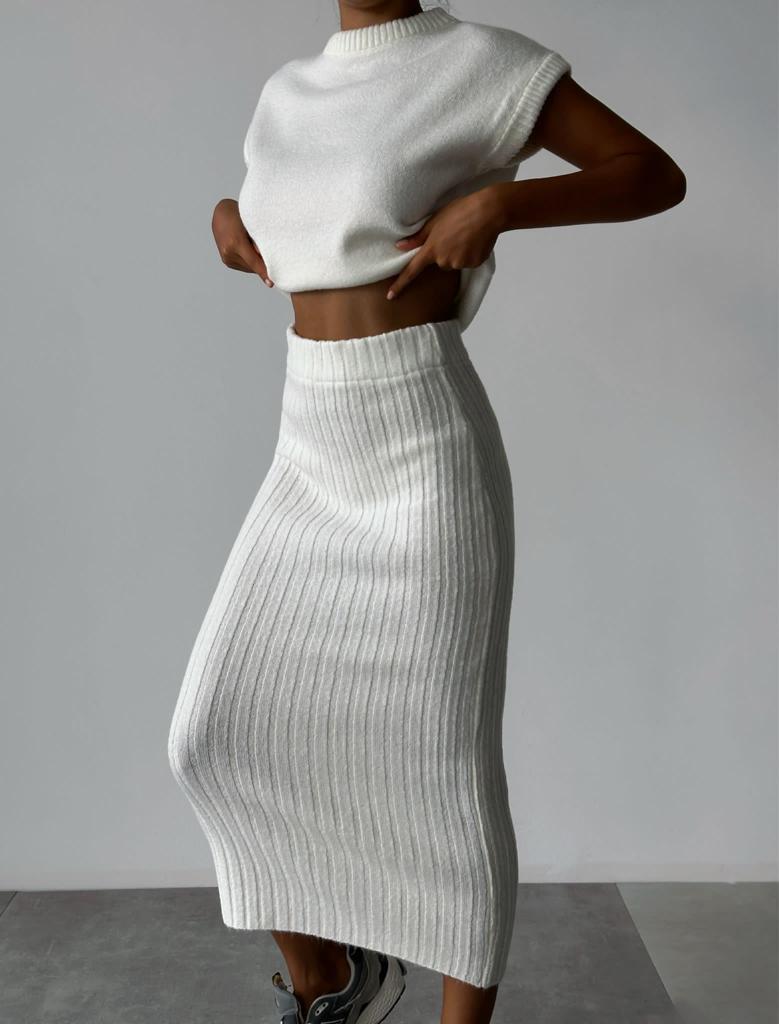 Eaksone - Knit Short Sleeve Sweater and Stretch Ribbed Midi Skirt Set