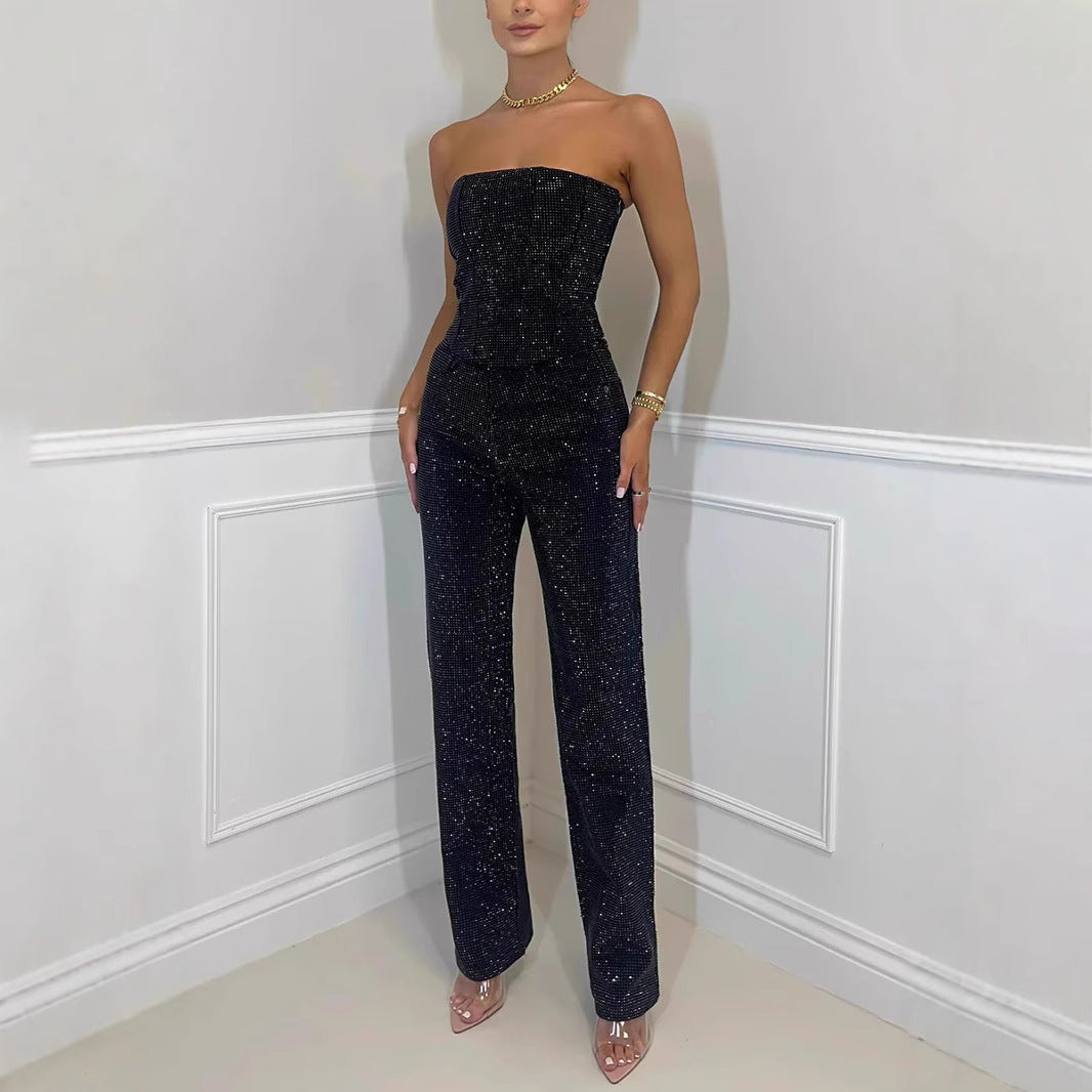 Eaksone - Women's sexy off-shoulder sparkling diamond pants suit