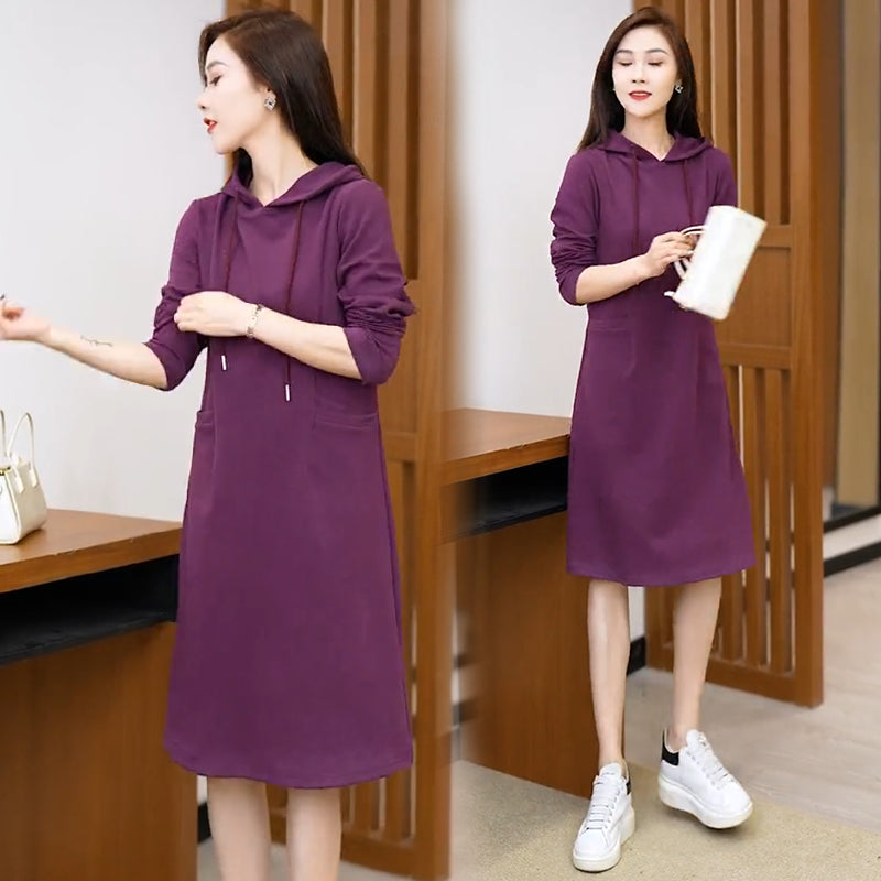 Eaksone - Women's Long Sleeve Hooded Pockets Sweatshirt Dress