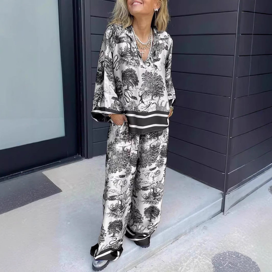 Eaksone - Women's V-neck long-sleeved printed casual suit