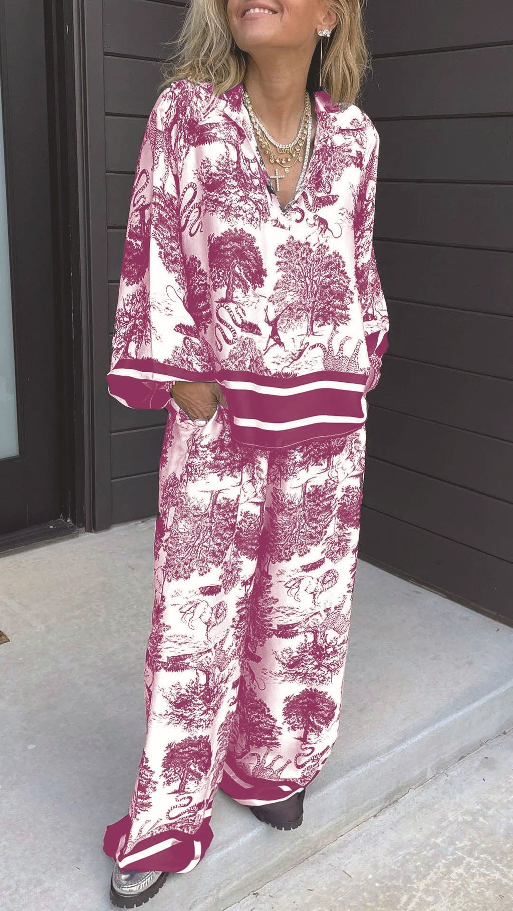 Eaksone - Women's V-neck long-sleeved printed casual suit
