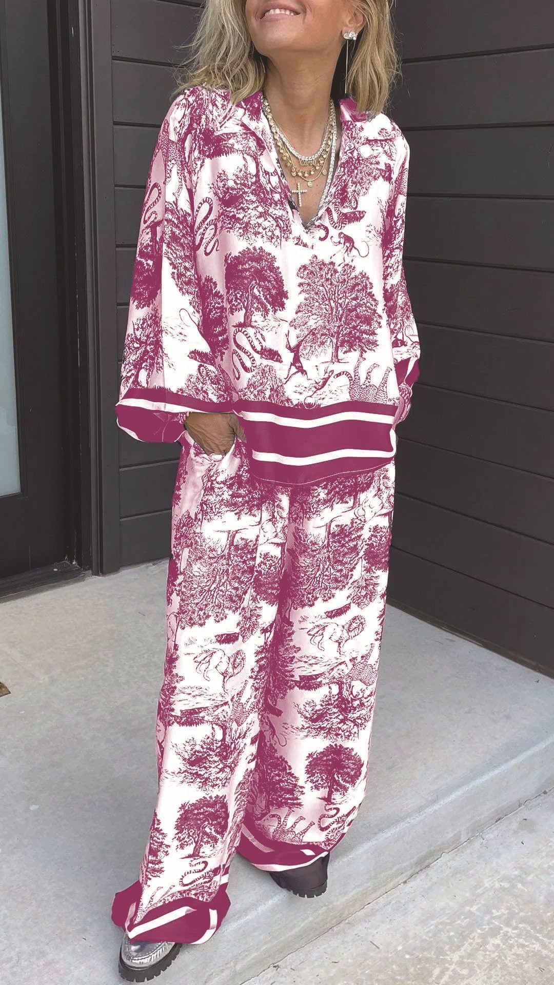 Eaksone - Women's V-neck long-sleeved printed casual suit