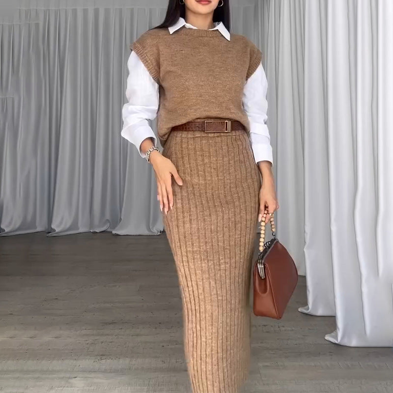 Eaksone - Knit Short Sleeve Sweater and Stretch Ribbed Midi Skirt Set