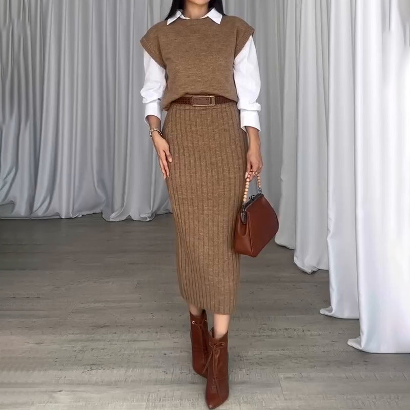 Eaksone - Knit Short Sleeve Sweater and Stretch Ribbed Midi Skirt Set