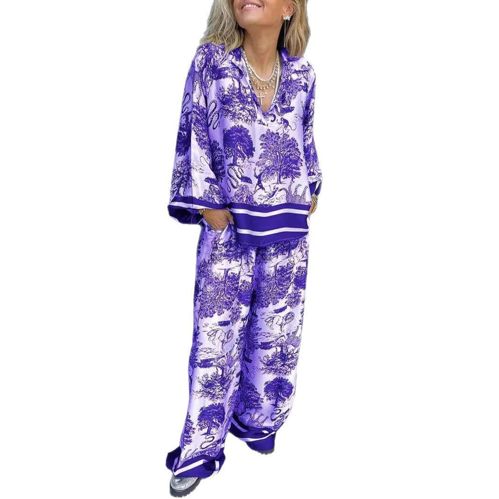 Eaksone - Women's V-neck long-sleeved printed casual suit