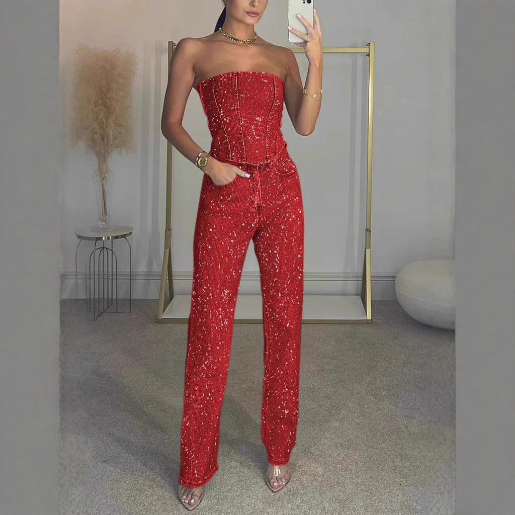 Eaksone - Women's sexy off-shoulder sparkling diamond pants suit