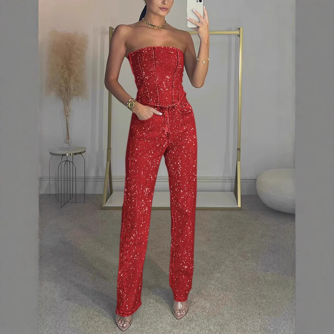Eaksone - Women's sexy off-shoulder sparkling diamond pants suit