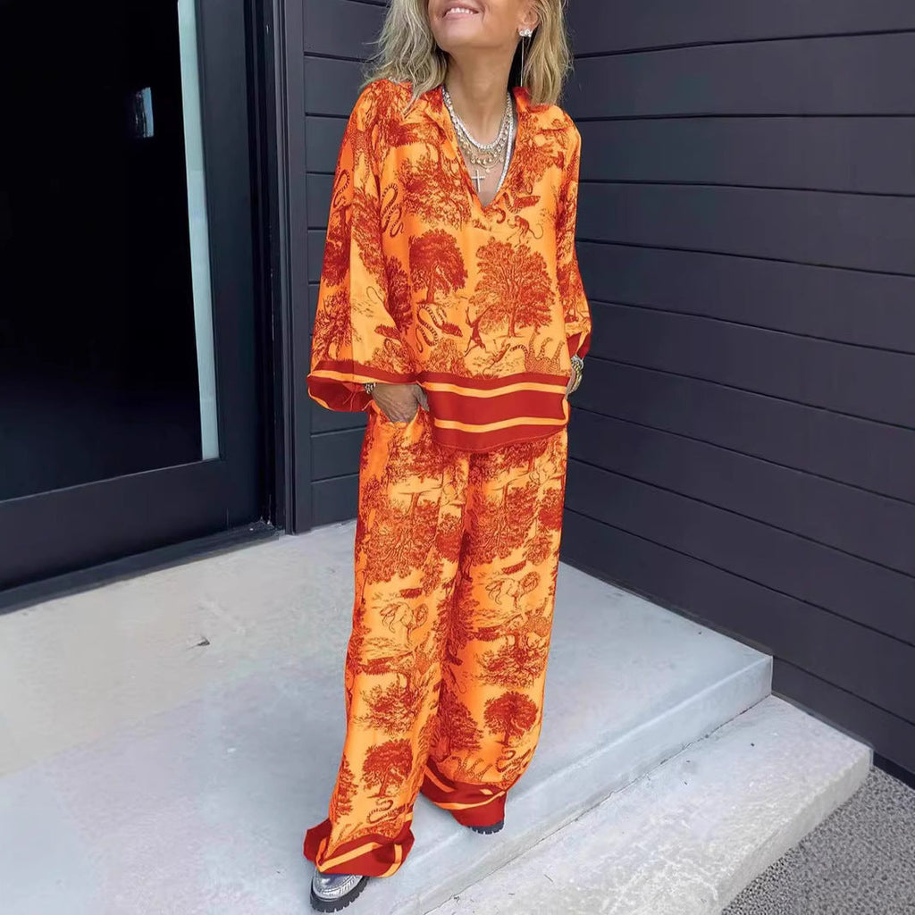 Eaksone - Women's V-neck long-sleeved printed casual suit