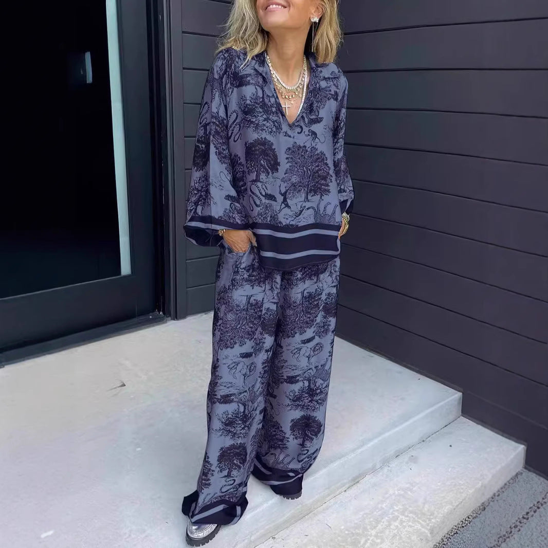 Eaksone - Women's V-neck long-sleeved printed casual suit