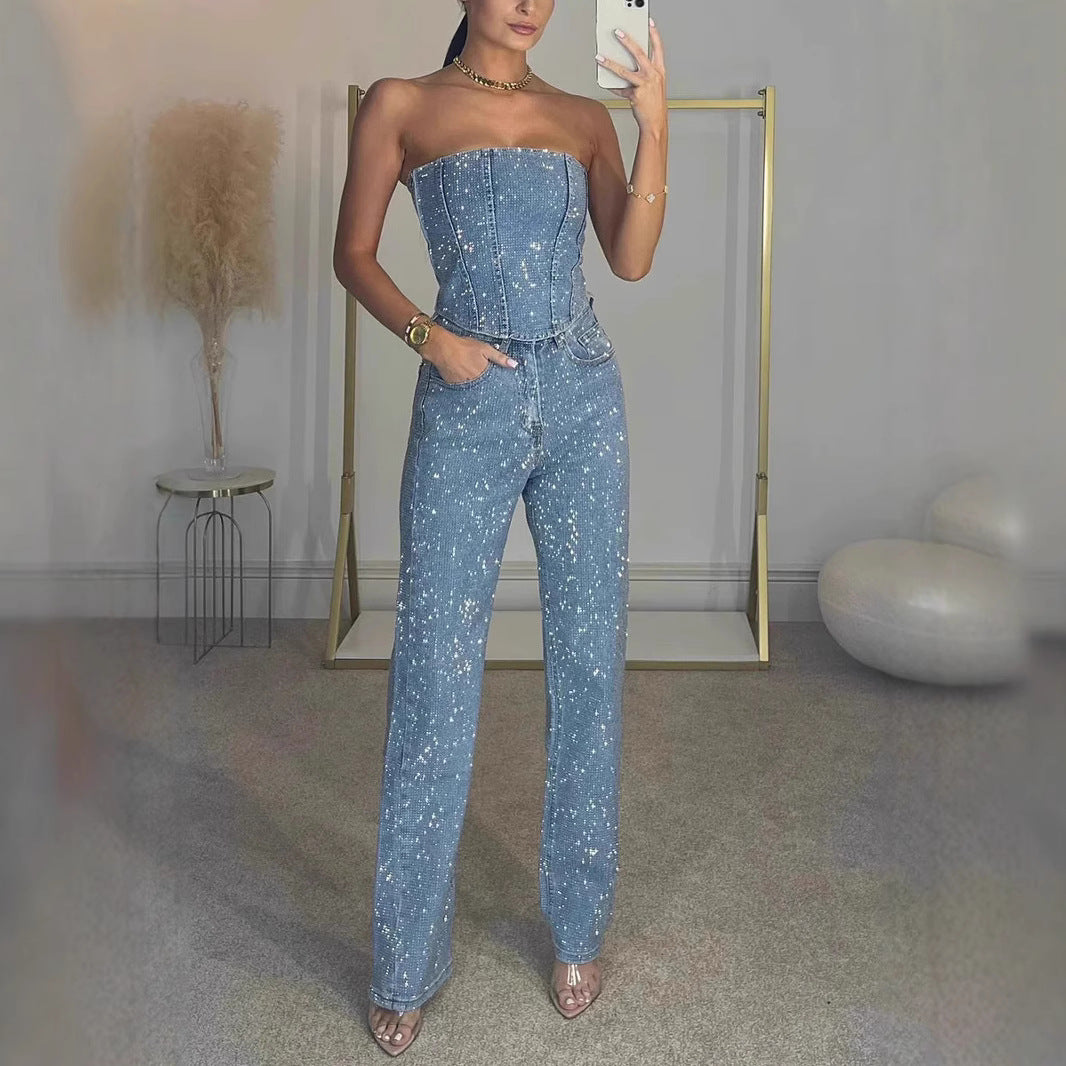 Eaksone - Women's sexy off-shoulder sparkling diamond pants suit