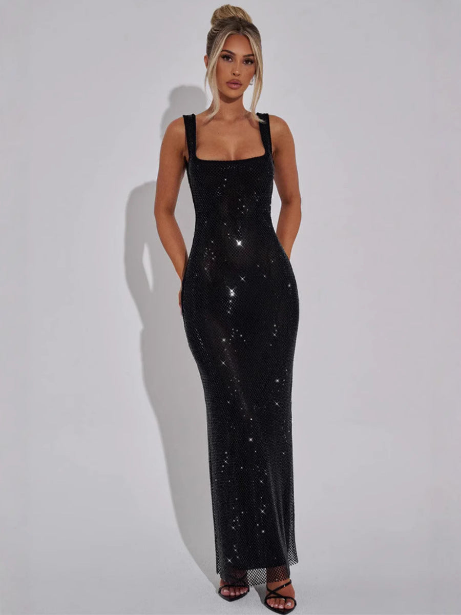 Eaksone - Sparkling Square Neck Sequined Maxi Dress