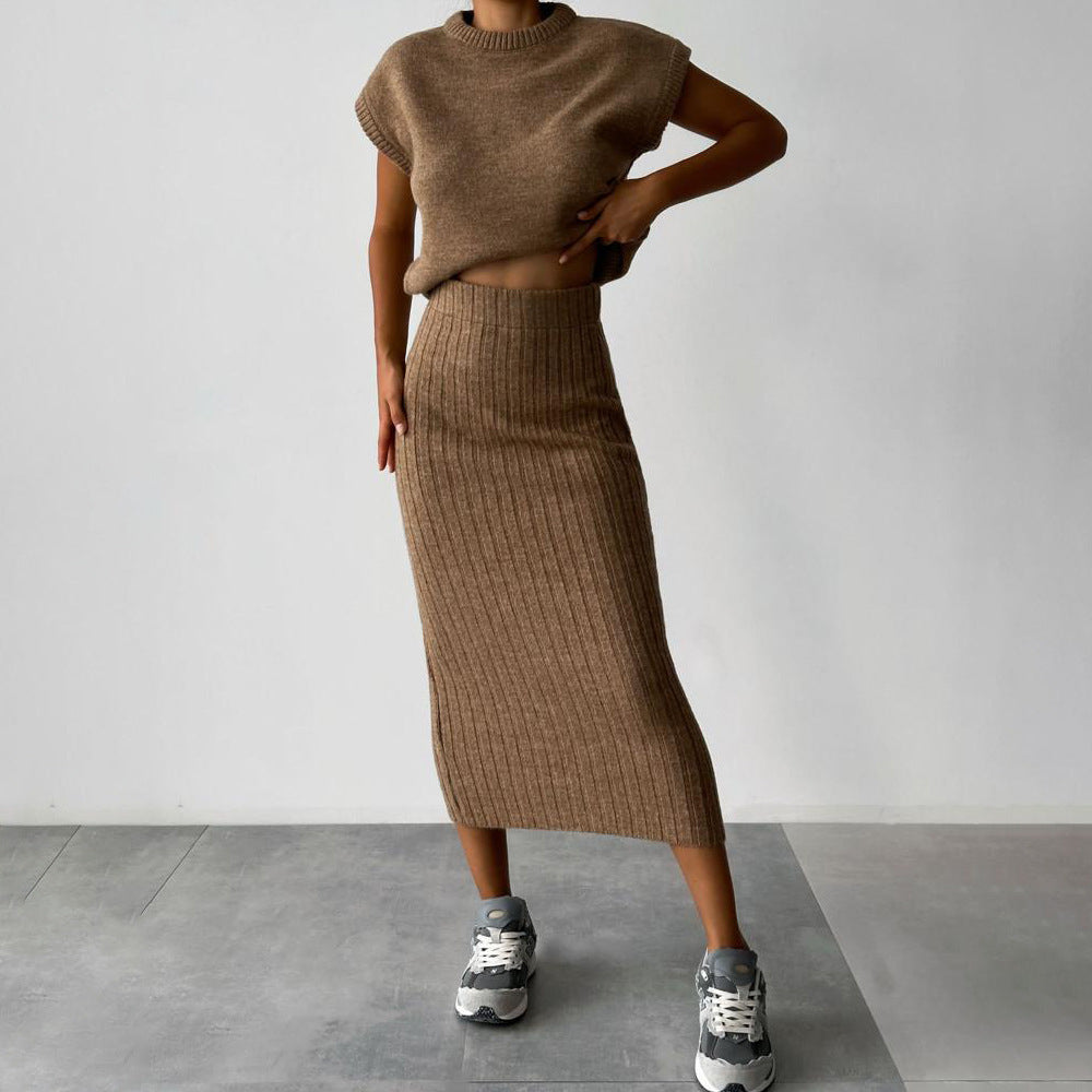 Eaksone - Knit Short Sleeve Sweater and Stretch Ribbed Midi Skirt Set