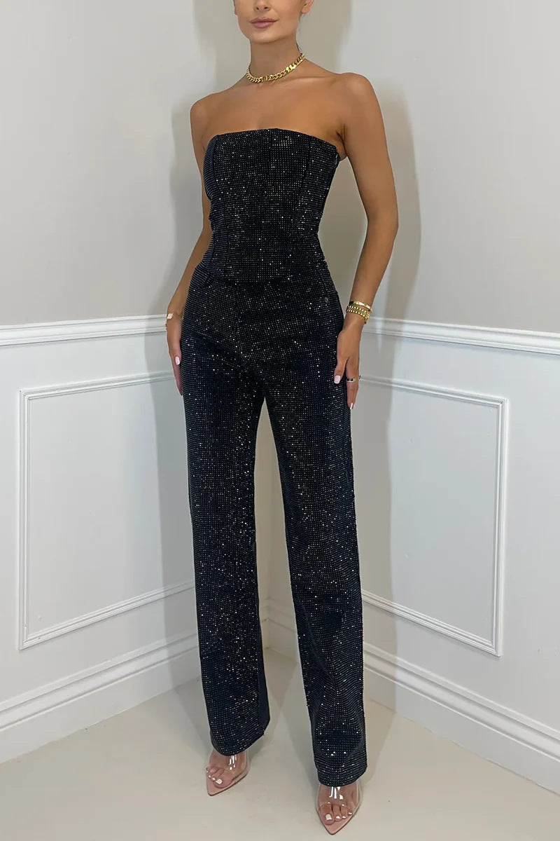Eaksone - Women's sexy off-shoulder sparkling diamond pants suit
