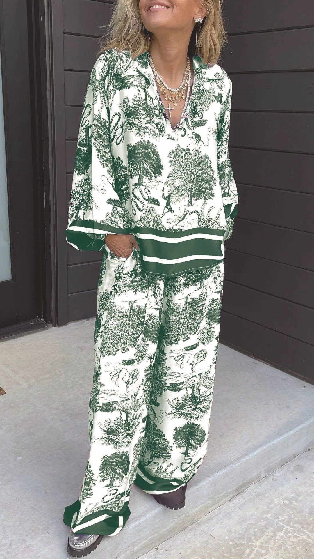 Eaksone - Women's V-neck long-sleeved printed casual suit