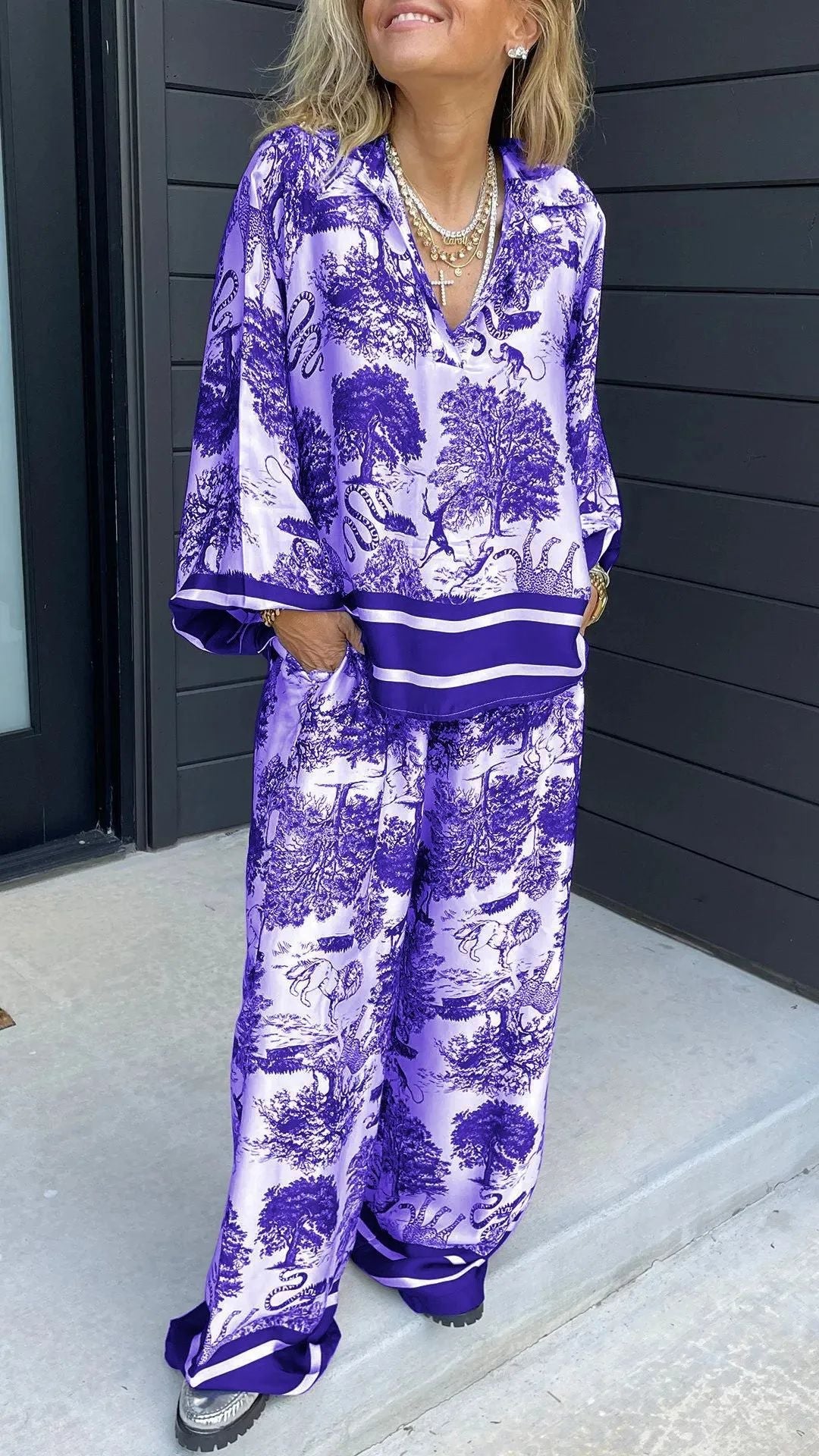 Eaksone - Women's V-neck long-sleeved printed casual suit