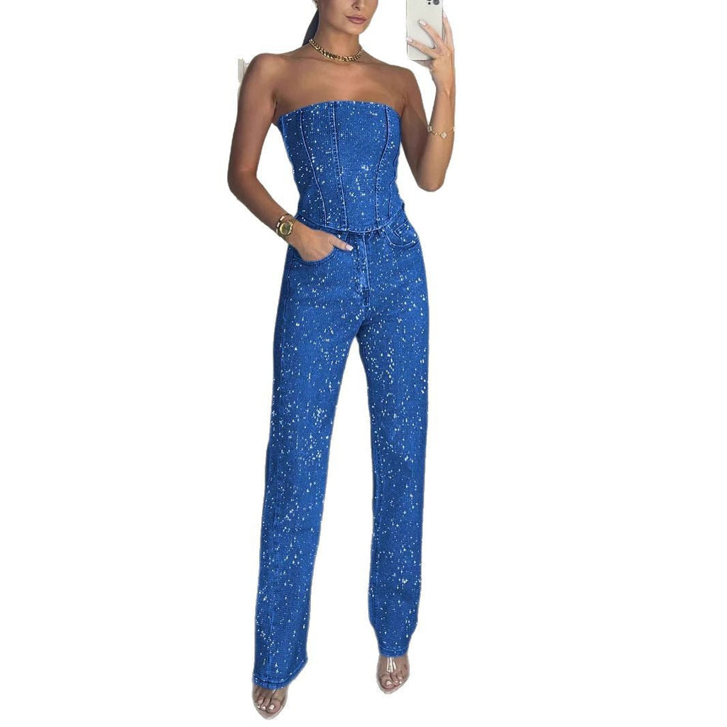 Eaksone - Women's sexy off-shoulder sparkling diamond pants suit