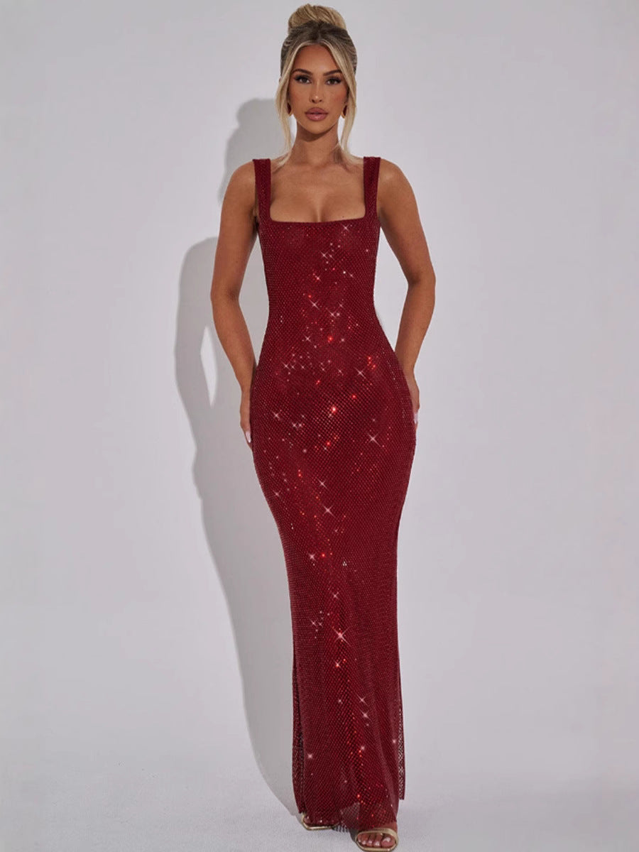 Eaksone - Sparkling Square Neck Sequined Maxi Dress
