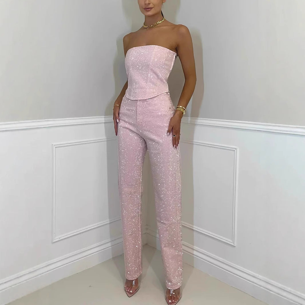 Eaksone - Women's sexy off-shoulder sparkling diamond pants suit