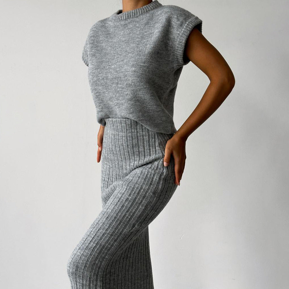 Eaksone - Knit Short Sleeve Sweater and Stretch Ribbed Midi Skirt Set