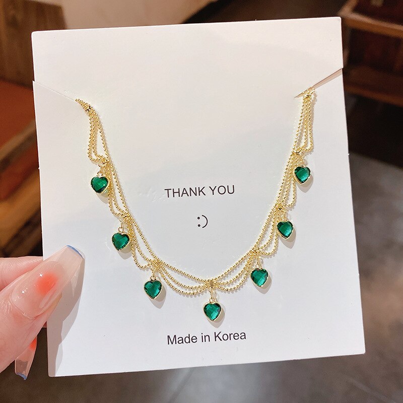Eaksone - Green crystal metal braided mesh pendant necklace