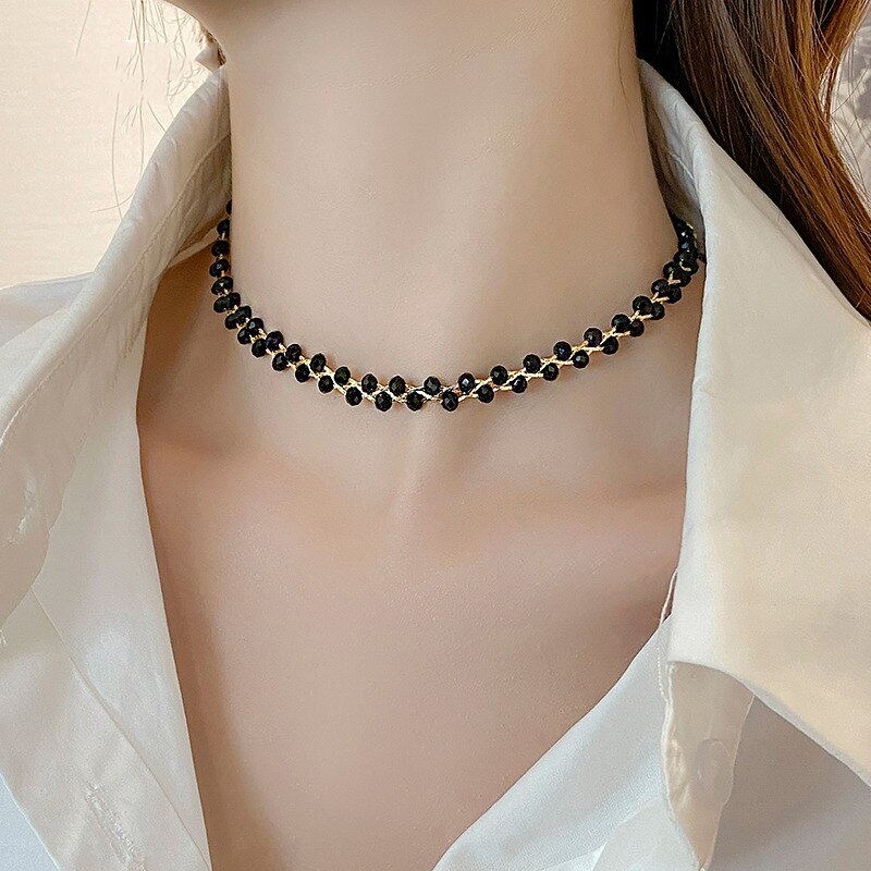 Eaksone - Green crystal metal braided mesh pendant necklace