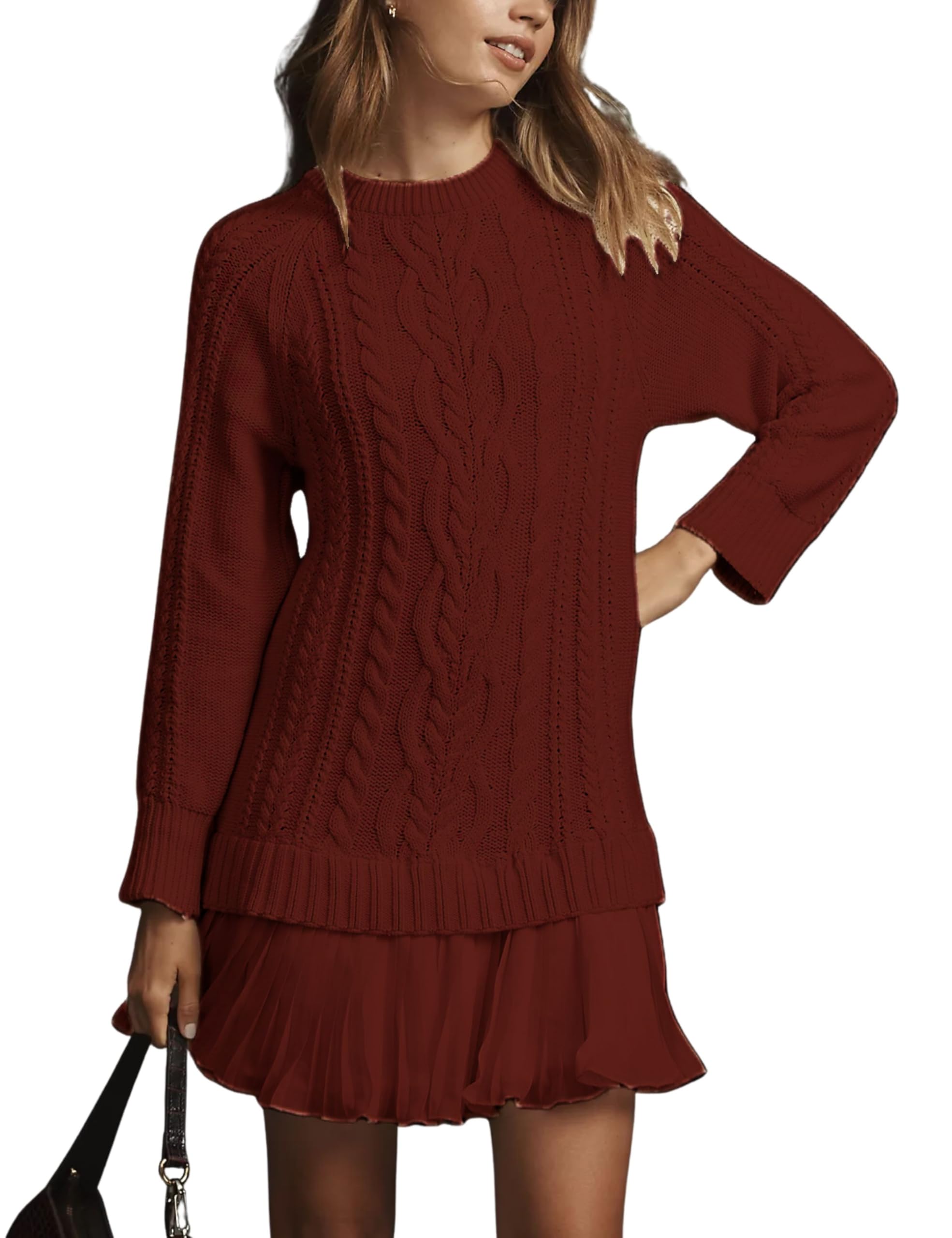 Eaksone - Women's Round Neck Cable Knit Sweater Mini Skirt
