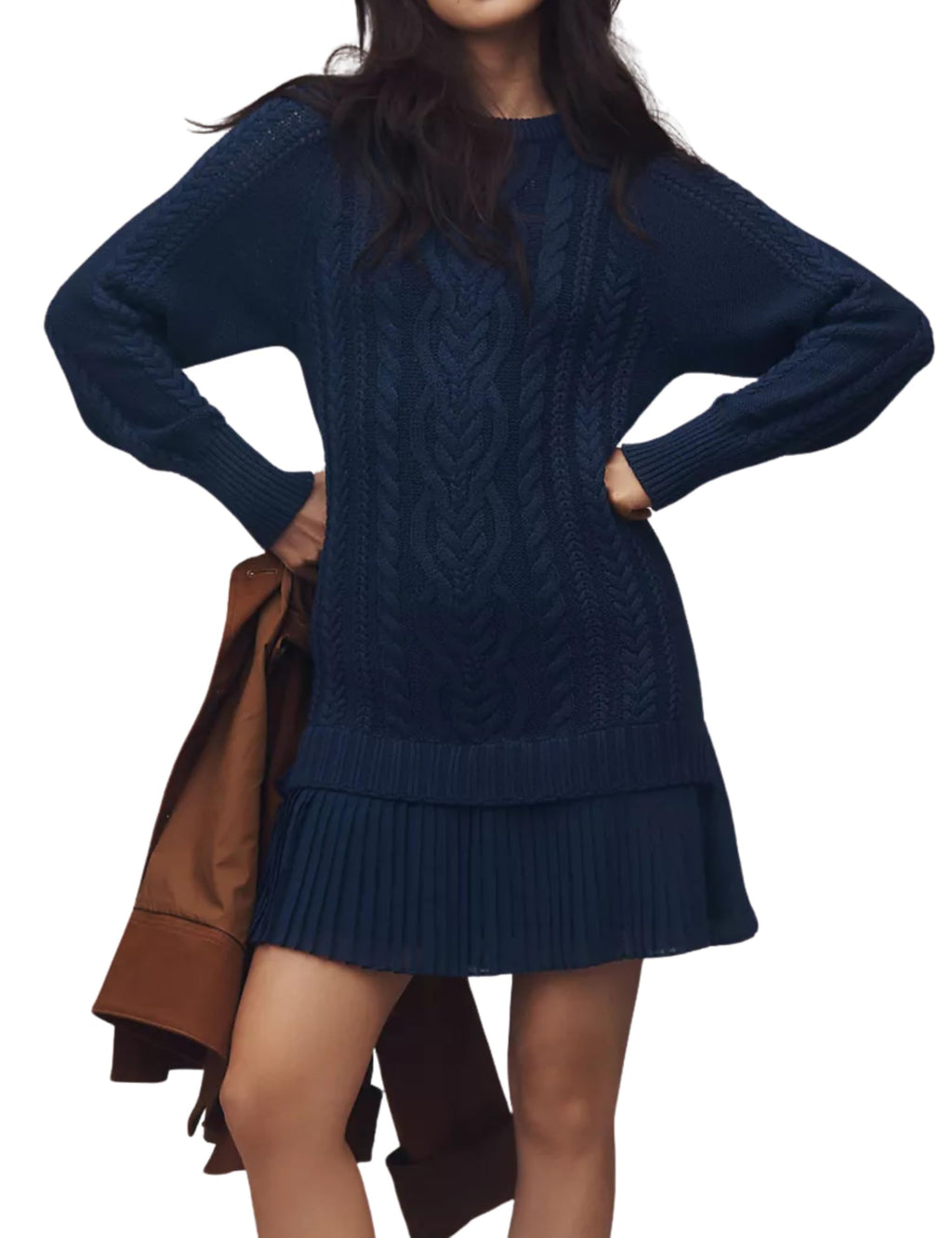 Eaksone - Women's Round Neck Cable Knit Sweater Mini Skirt