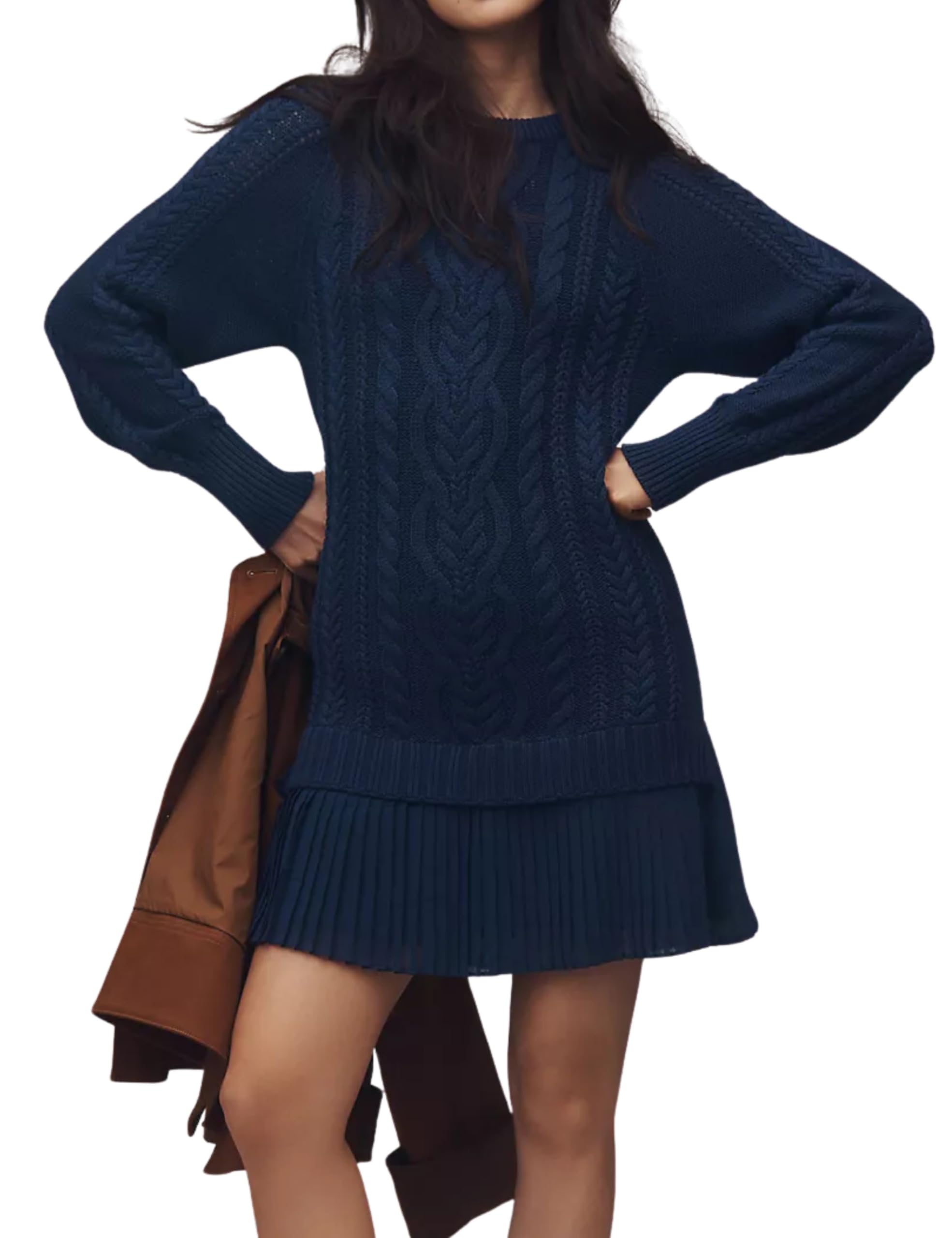 Eaksone - Women's Round Neck Cable Knit Sweater Mini Skirt
