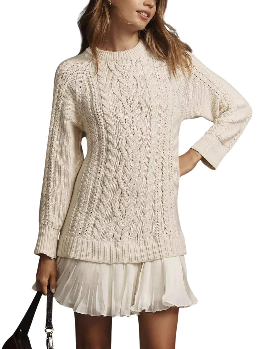 Eaksone - Women's Round Neck Cable Knit Sweater Mini Skirt