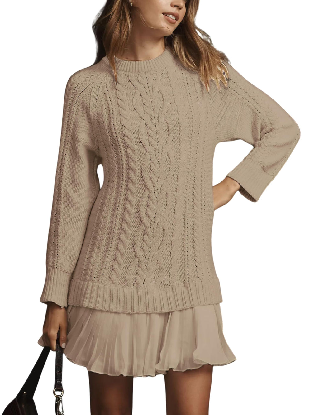 Eaksone - Women's Round Neck Cable Knit Sweater Mini Skirt