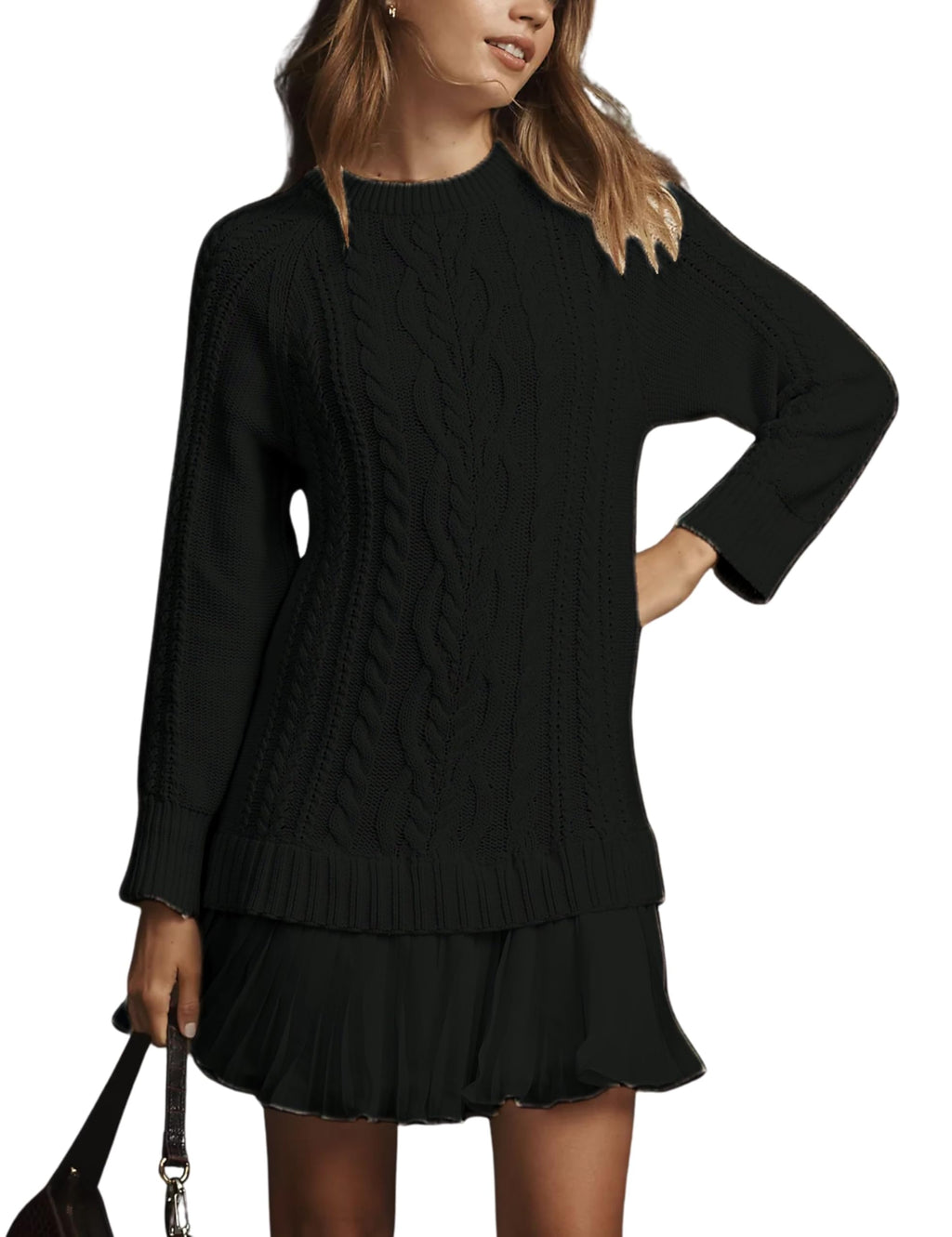Eaksone - Women's Round Neck Cable Knit Sweater Mini Skirt