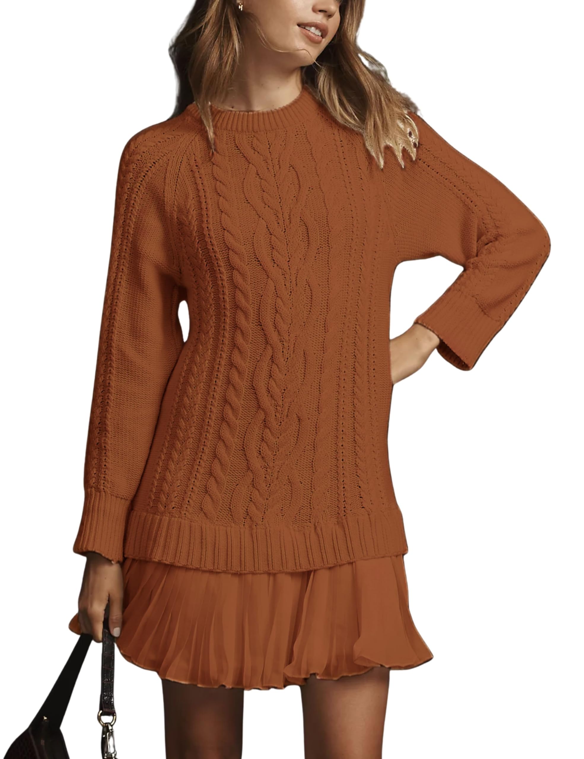 Eaksone - Women's Round Neck Cable Knit Sweater Mini Skirt