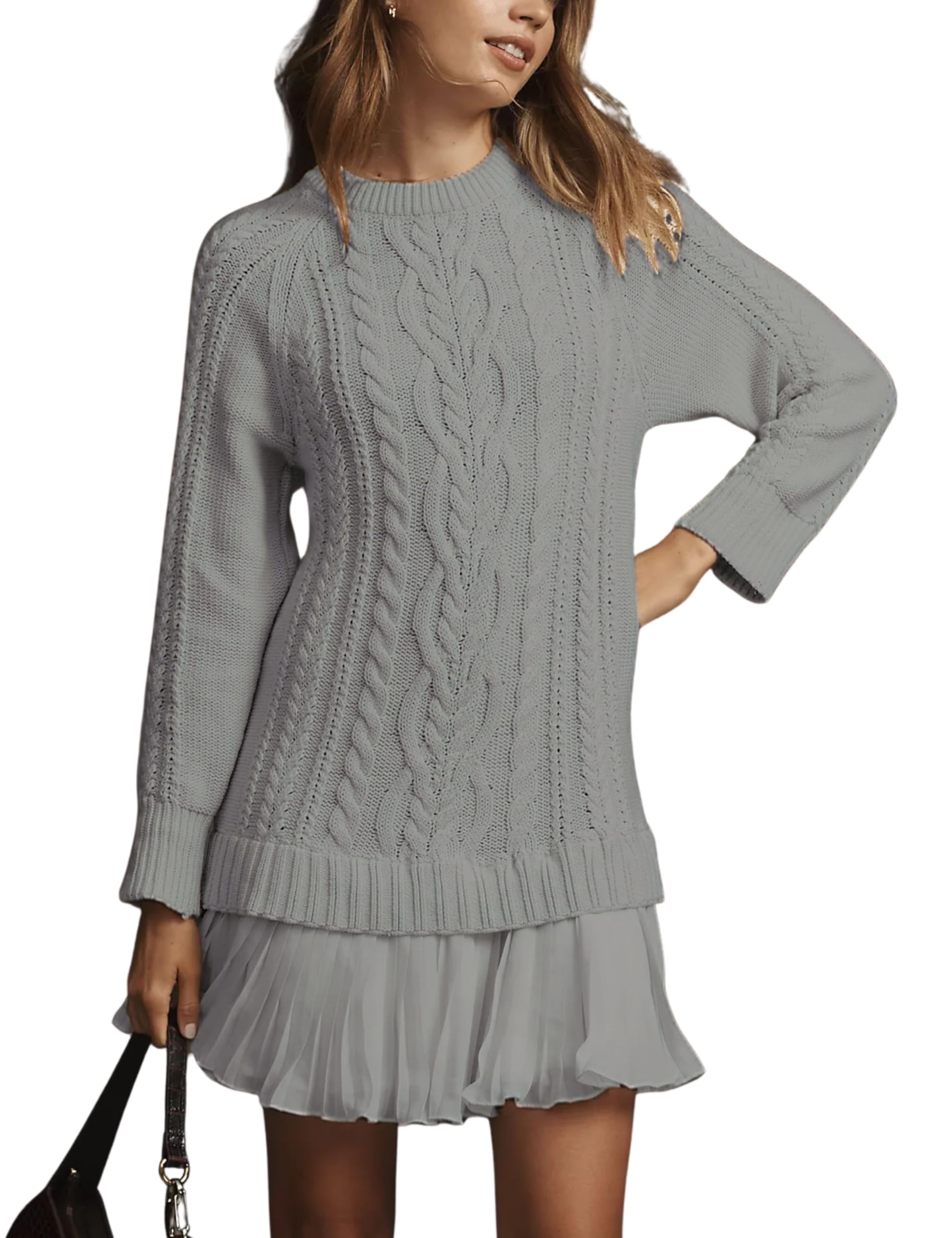 Eaksone - Women's Round Neck Cable Knit Sweater Mini Skirt