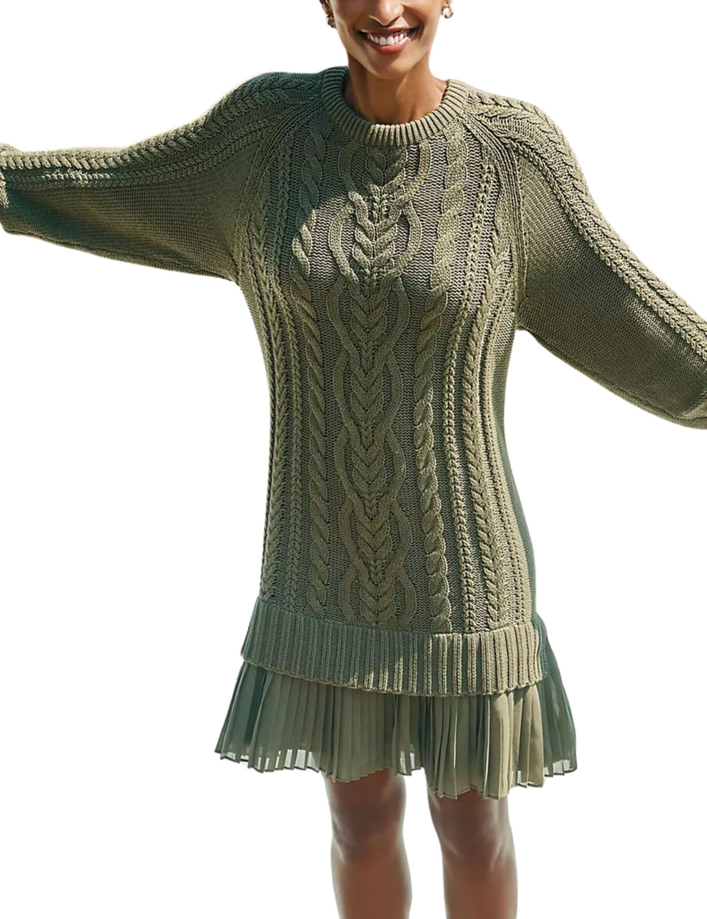 Eaksone - Women's Round Neck Cable Knit Sweater Mini Skirt